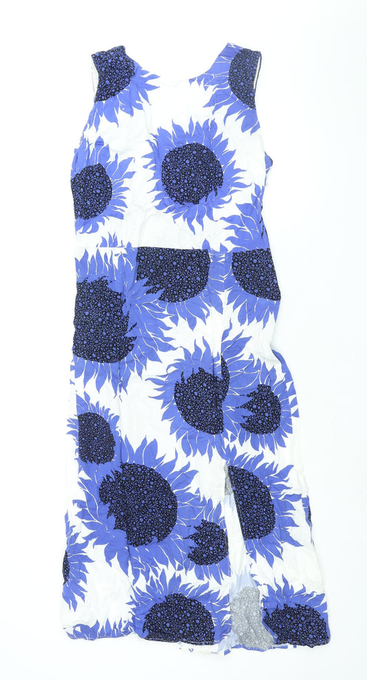 Warehouse Womens Blue Floral Viscose Shift Size 12 Round Neck Tie
