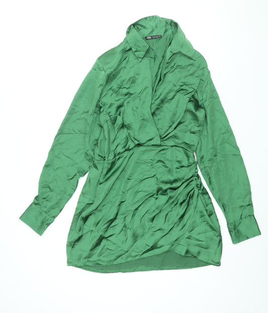 Zara Womens Green Polyester Shirt Dress Size M Collared Zip - Button Rouched