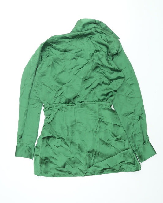 Zara Womens Green Polyester Shirt Dress Size M Collared Zip - Button Rouched