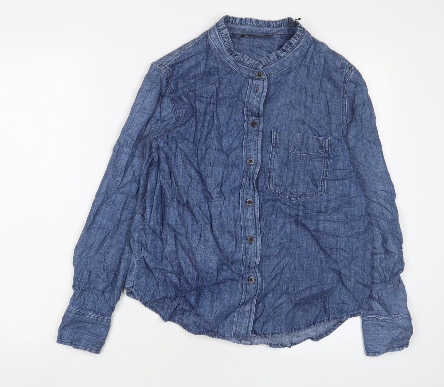 Marks and Spencer Womens Blue Cotton Basic Button-Up Size 10 Crew Neck