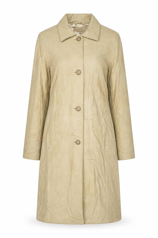 Front view of NuAge women’s beige overcoat coat, size UK 10, button