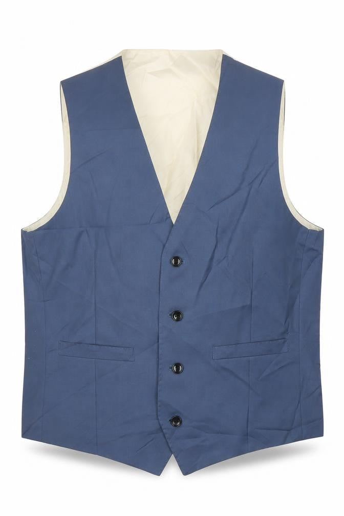 Front view of French Connection men’s blue wool jacket suit waistcoat, size M, regular