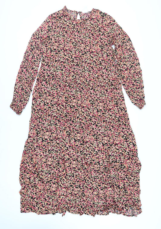 H&M Womens Black Floral Viscose A-Line Size M Round Neck Button