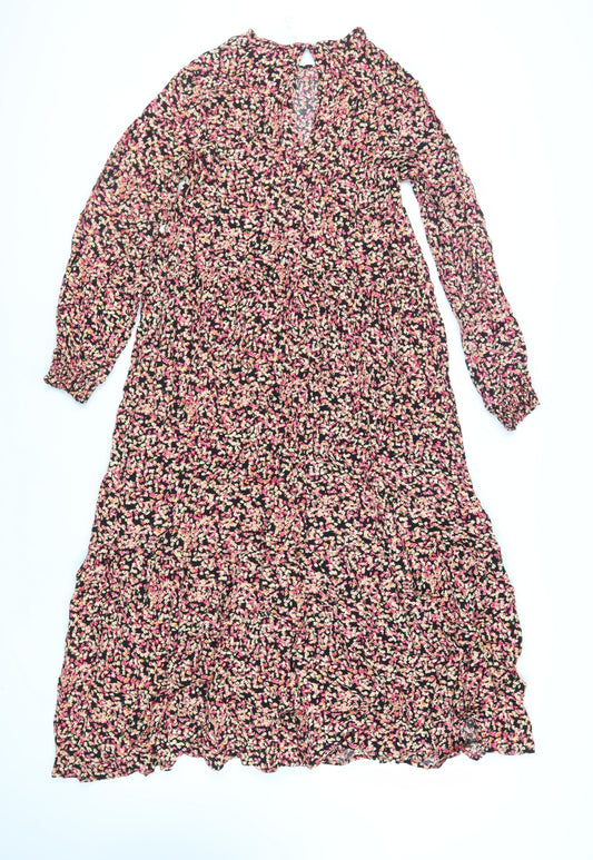 H&M Womens Black Floral Viscose A-Line Size M Round Neck Button