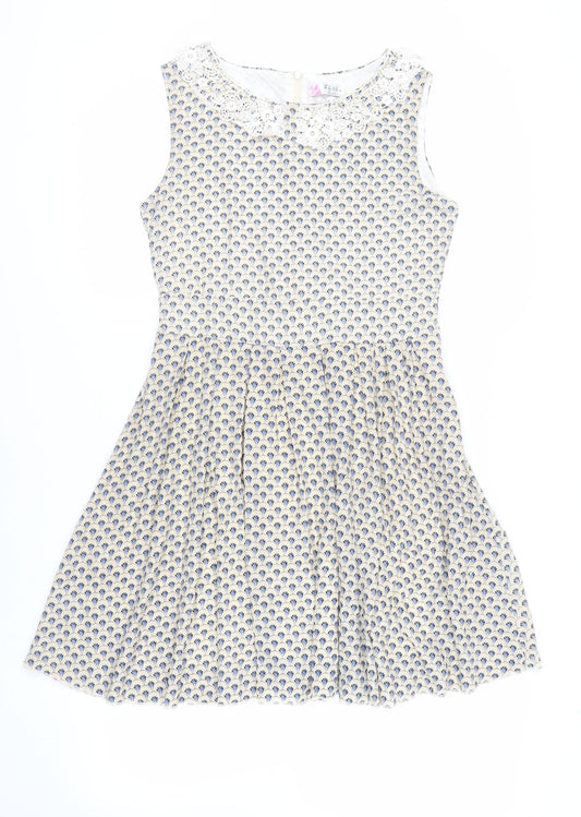 Shikka London Womens Beige Geometric Polyester Fit & Flare Size 10 Collared Zip