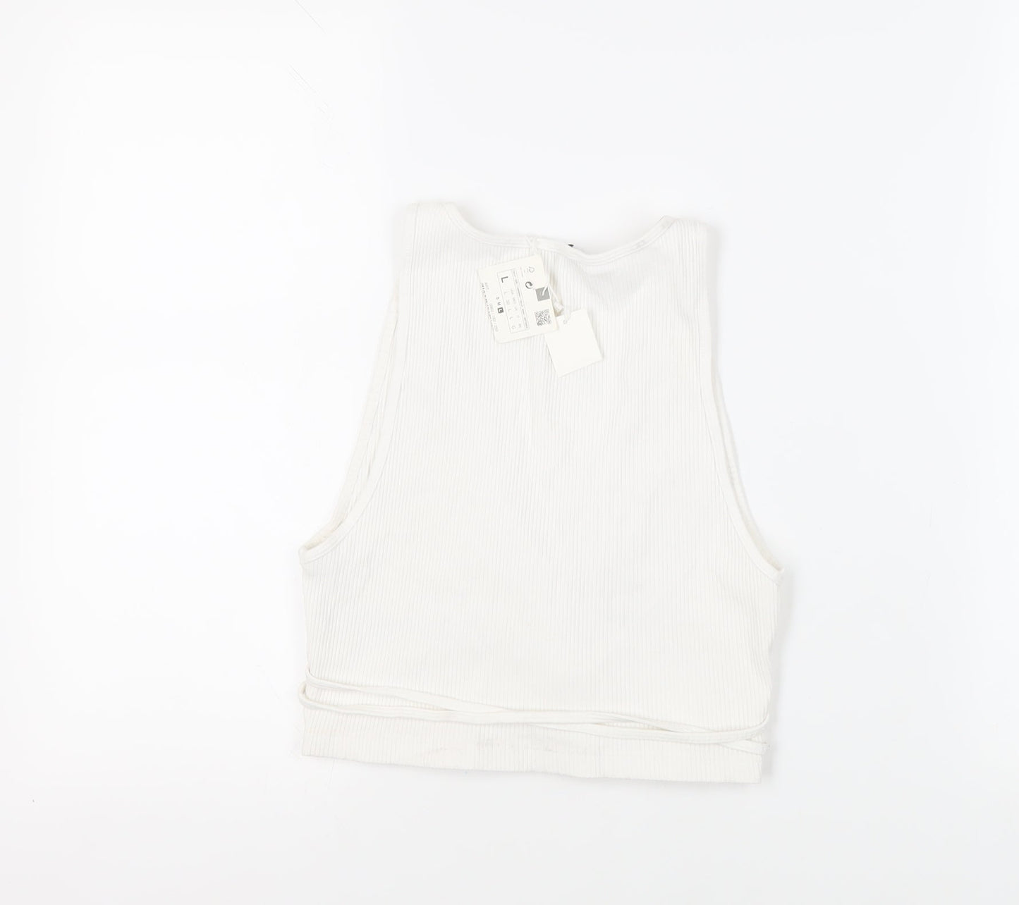 Zara Womens White Cotton Cropped Tank Size L V-Neck - Ribbed