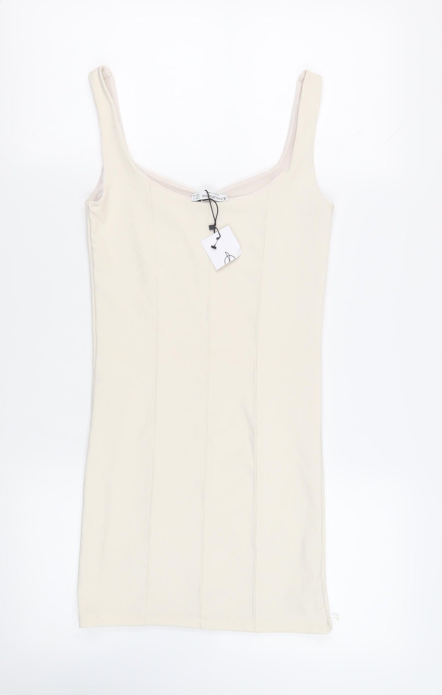Stradivarius Womens Ivory Polyester Tank Dress Size S Scoop Neck Pullover - Ribbed