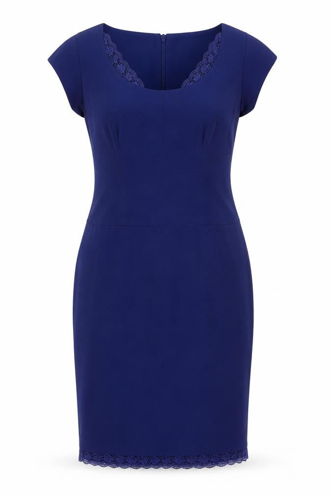 Preen Womens Blue Polyester Pencil Dress Size 14 Round Neck Zip - Lace Trim