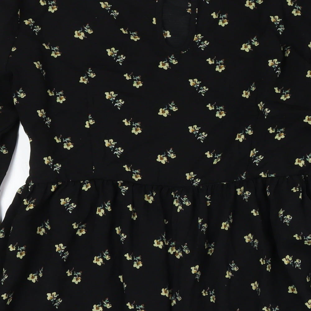 Boohoo Womens Black Floral Polyester A-Line Size 12 Round Neck Zip - Lace Detail