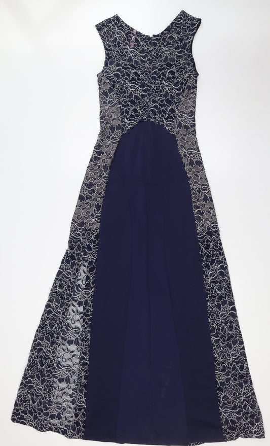 Lipsy Womens Blue Polyester A-Line Size 10 Round Neck Zip - Lace Panels