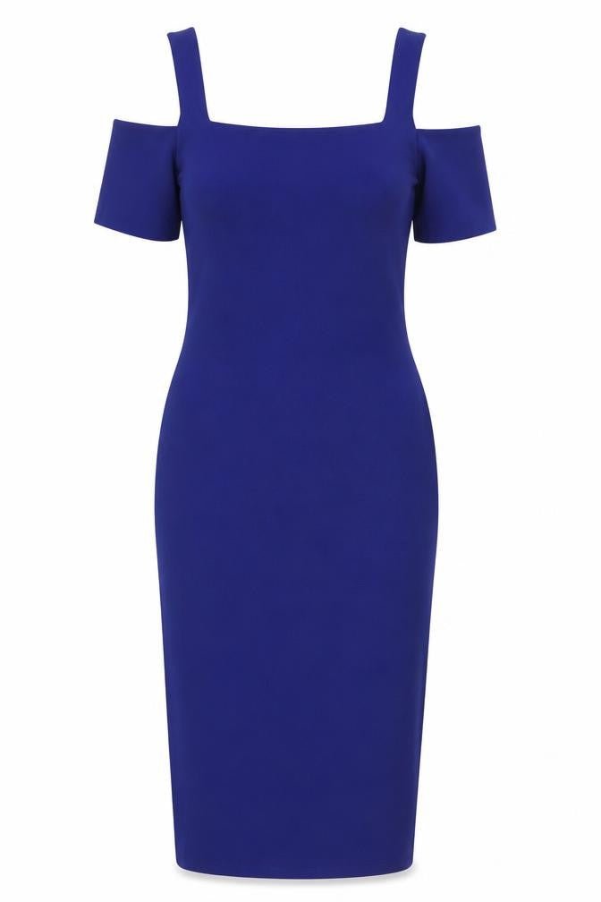Front view of Miss Selfridge women’s blue polyester a-line, size UK 8, scoop neck - cold shoulder