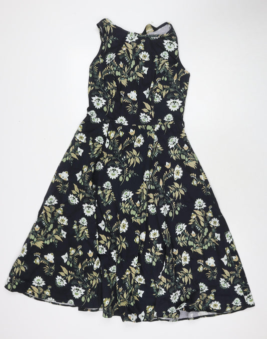 Lady Vintage Womens Black Floral Cotton A-Line Size 8 Round Neck Zip