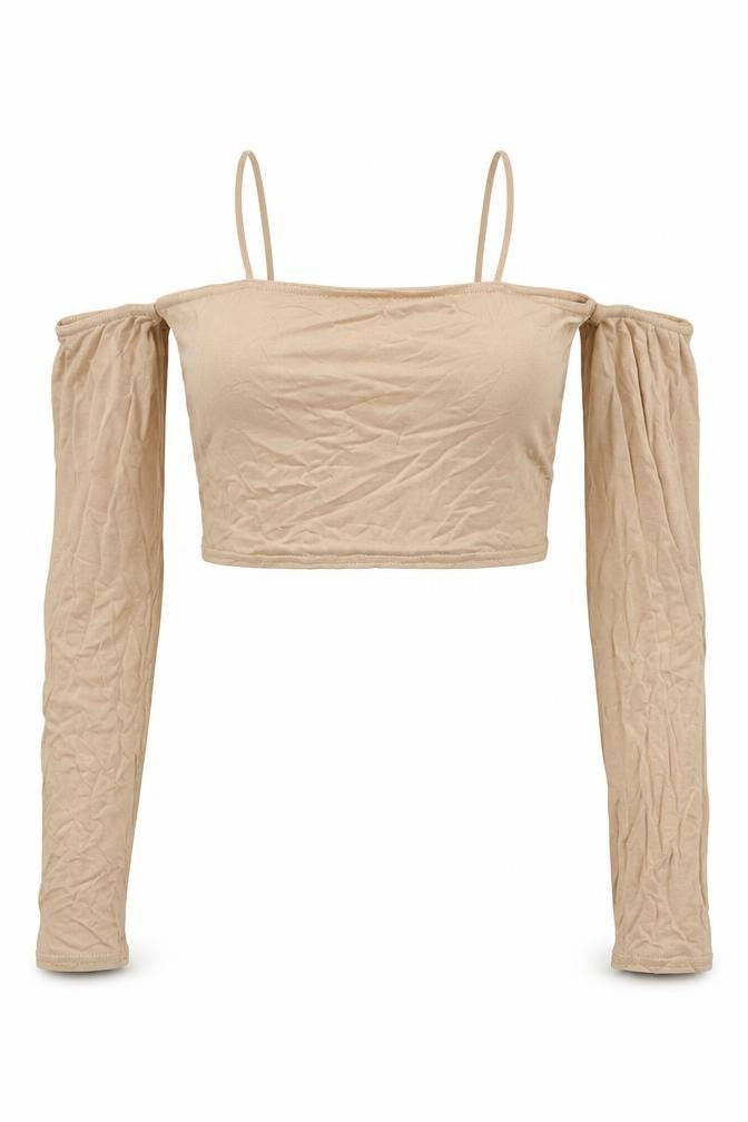 PRETTYLITTLETHING Womens Beige Viscose Cropped T-Shirt Size 6 Off the Shoulder - Cold Shoulder