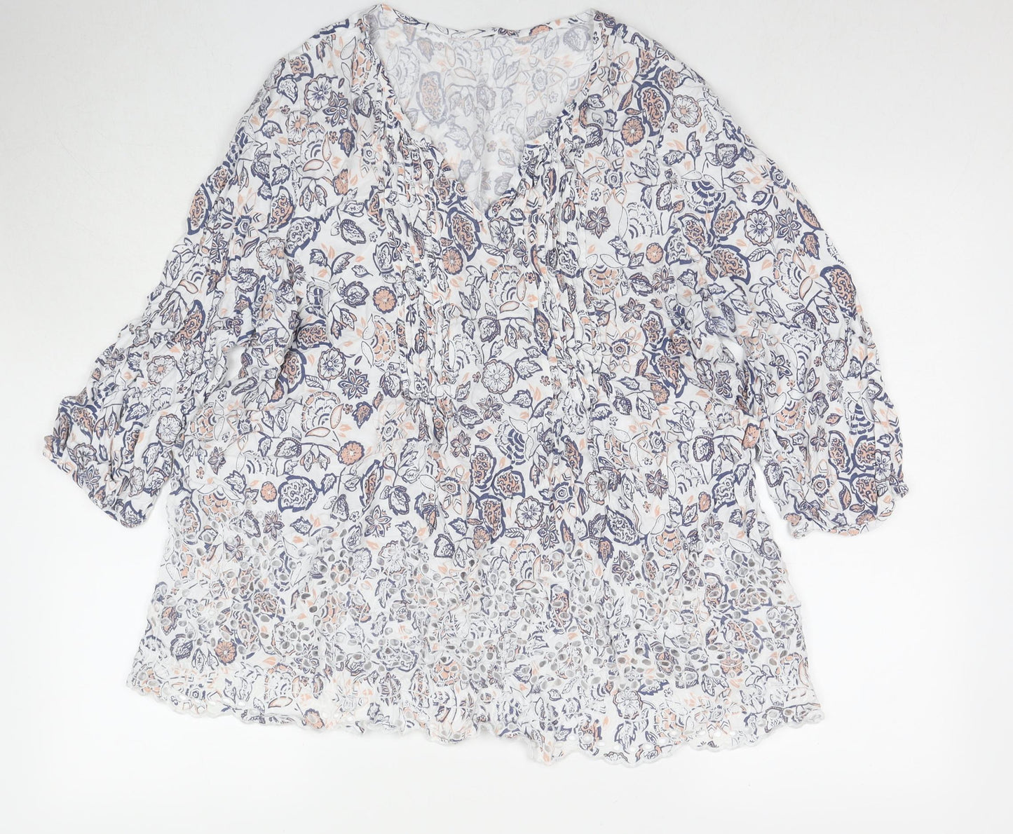 Arcadia Womens White Floral Viscose Basic T-Shirt Size 14 V-Neck