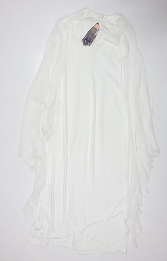 KON KON Womens White Polyester A-Line Size M Round Neck Button