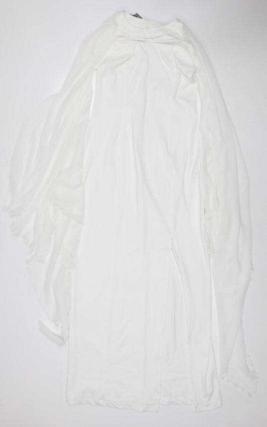 KON KON Womens White Polyester A-Line Size M Round Neck Button