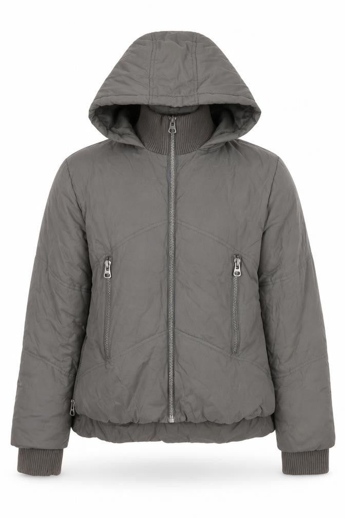 Front view of ASOS women’s grey puffer jacket jacket, size UK 10, zip
