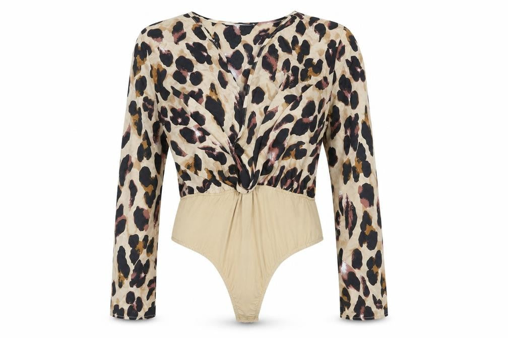 Front view of In the Style women’s beige animal print polyester bodysuit one-piece, size UK 10, snap