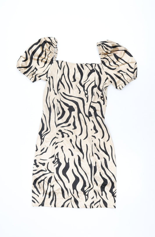 Quiz Womens Beige Animal Print Polyester Bodycon Size 10 Square Neck Zip