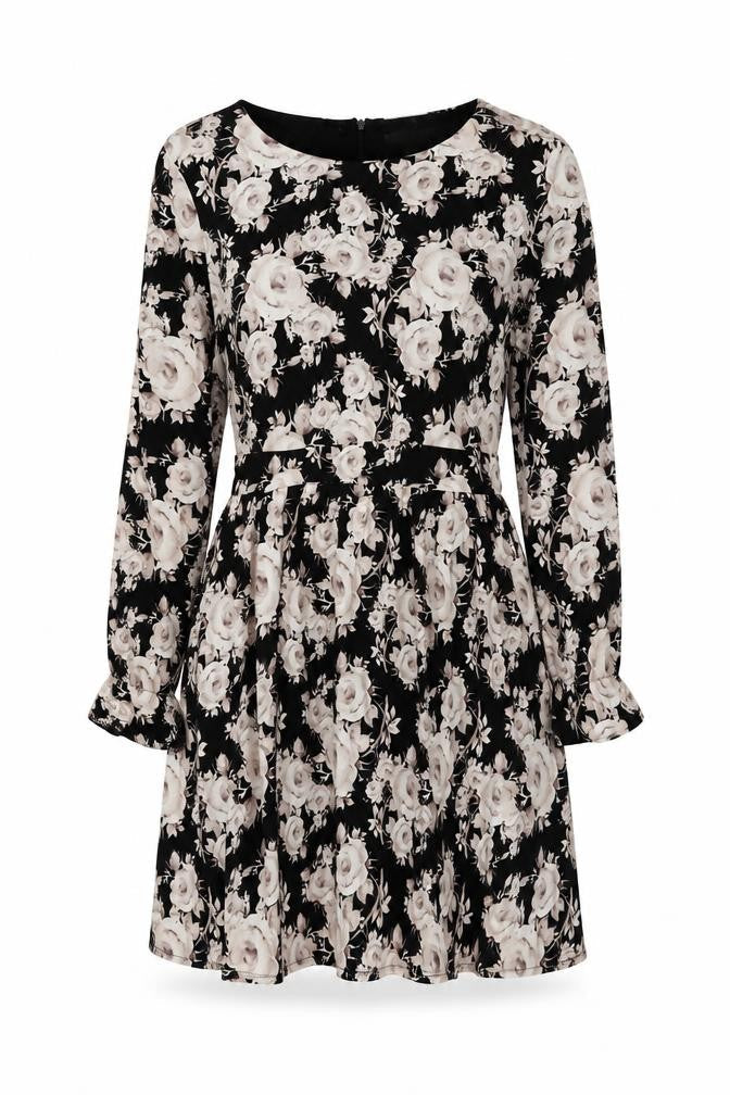 Goldkid Womens Black Floral Polyester Skater Dress Size 12 Round Neck Zip
