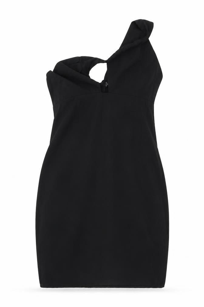 Front view of Missguided women’s black polyester shift, size UK 16, one shoulder zip