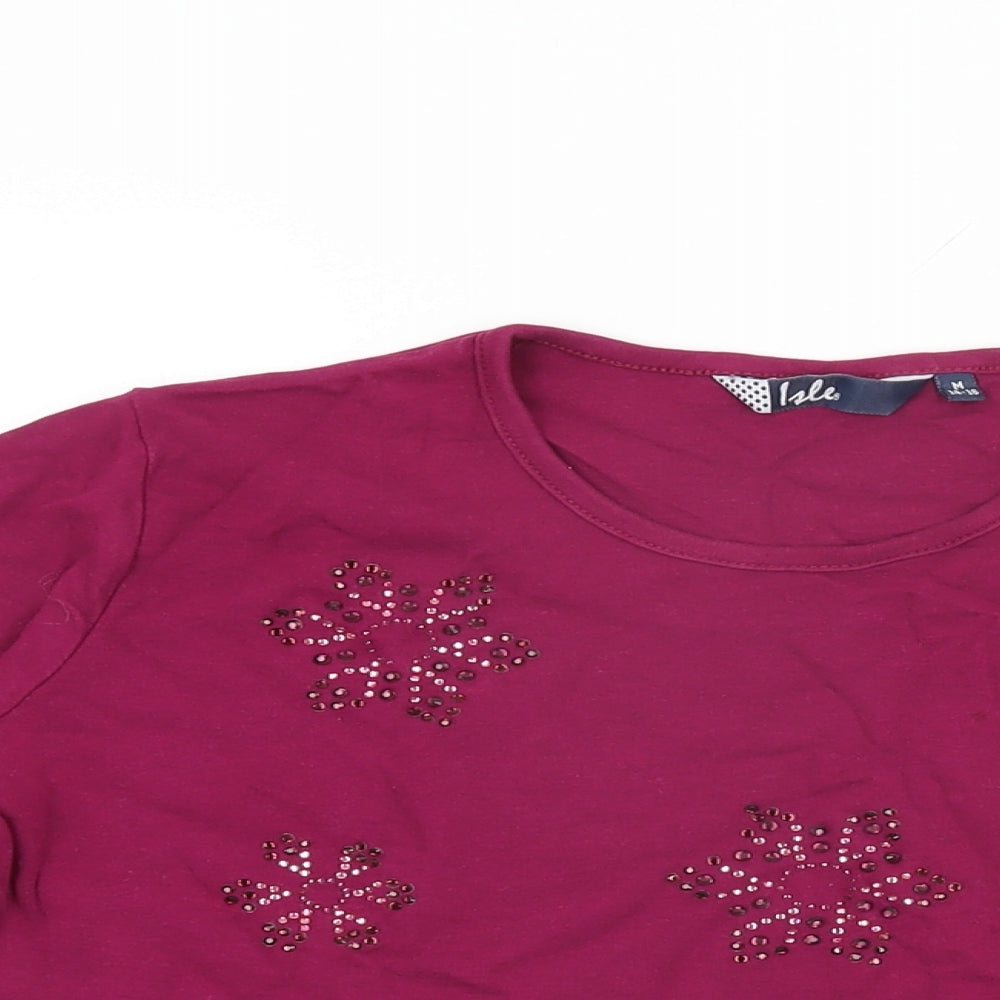 Isle Womens Pink Floral Cotton Basic T-Shirt Size M Round Neck