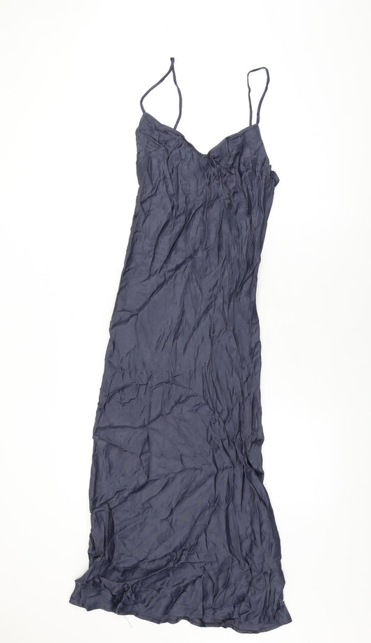 Zara Womens Blue Polyester Slip Dress Size L V-Neck Zip