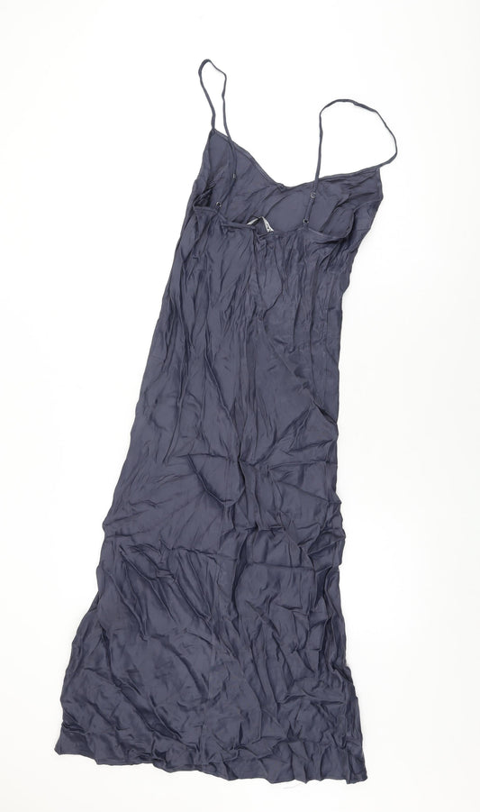 Zara Womens Blue Polyester Slip Dress Size L V-Neck Zip