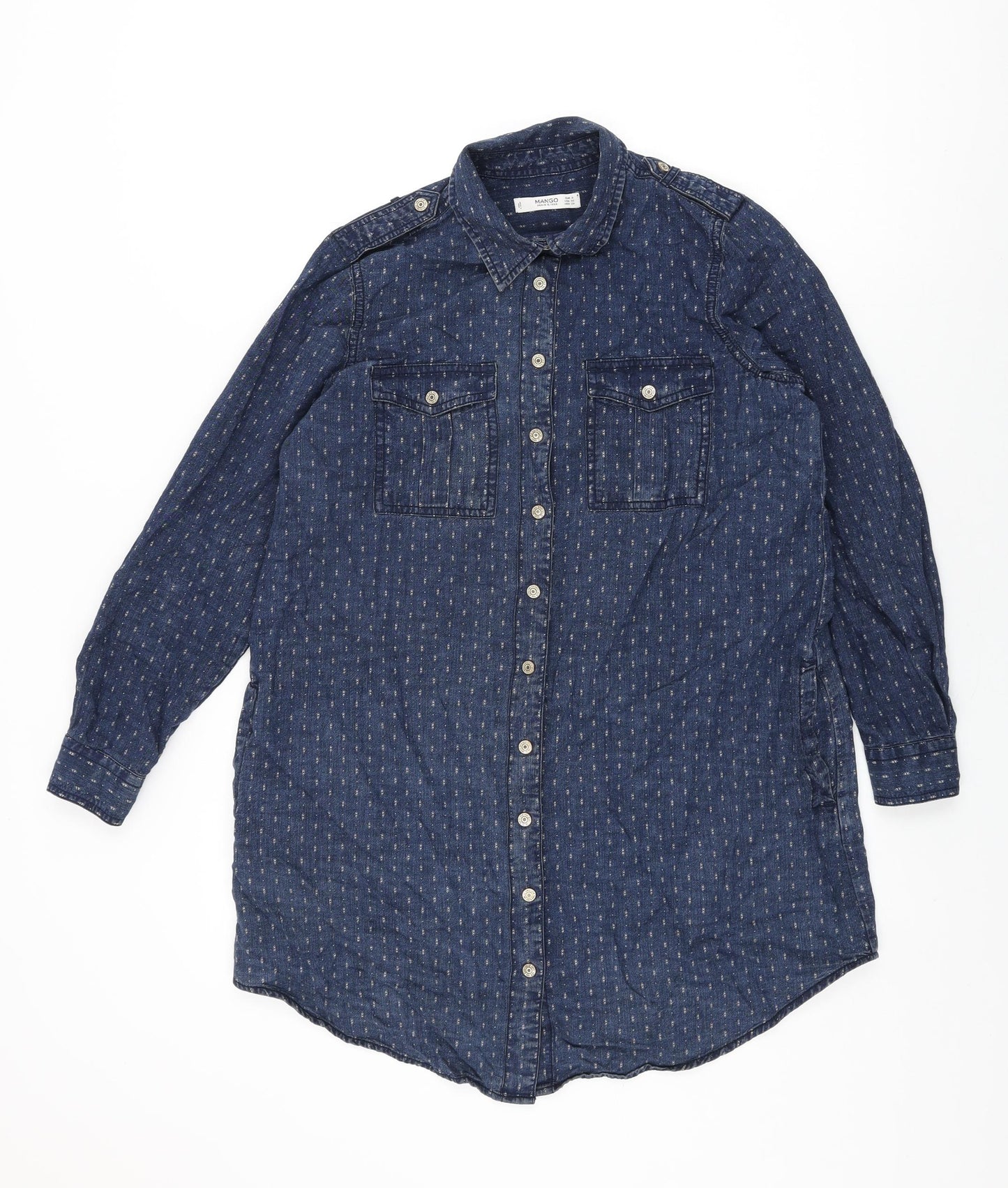 Mango Womens Blue Geometric Cotton Shift Size S Collared Snap