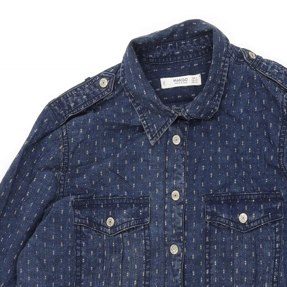Mango Womens Blue Geometric Cotton Shift Size S Collared Snap