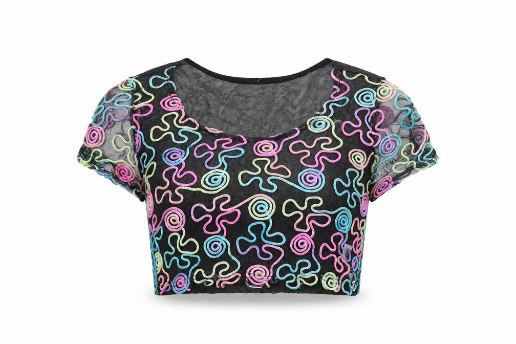 Urmoda Womens Black Geometric Polyester Cropped T-Shirt Size L Round Neck