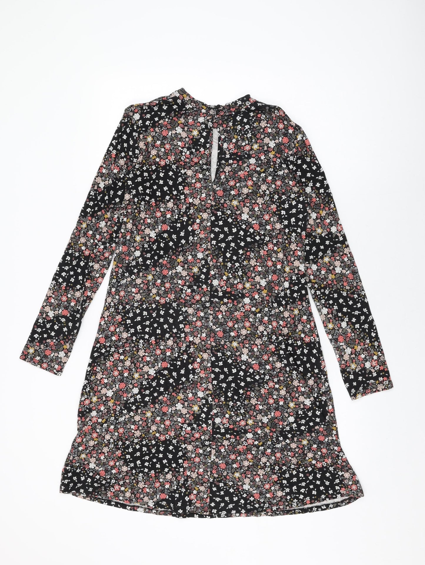 Marks and Spencer Womens Black Floral Viscose Shift Size 12 Round Neck Button