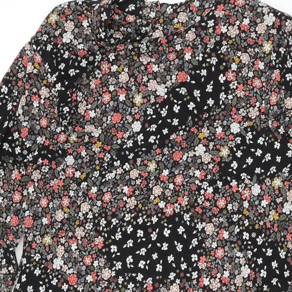 Marks and Spencer Womens Black Floral Viscose Shift Size 12 Round Neck Button
