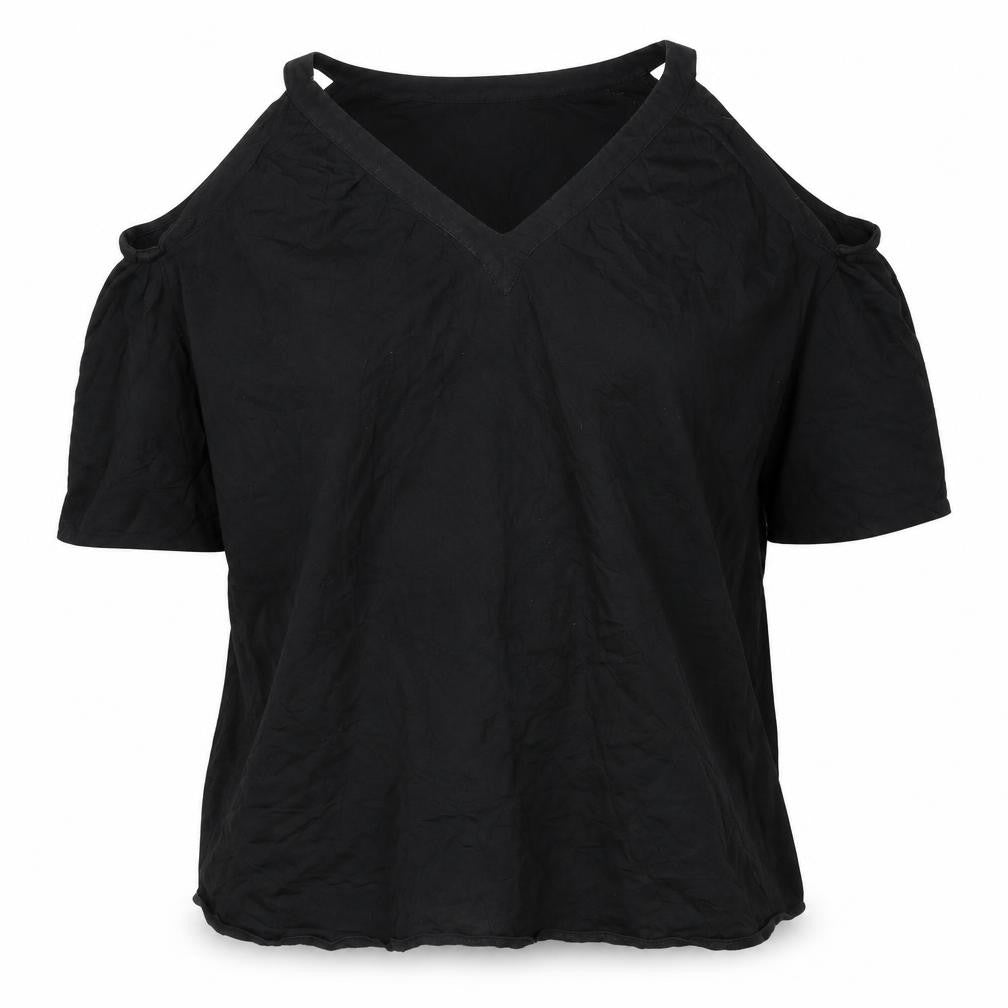Front view of ASOS women’s black polyester mini, size UK 8, v-neck pullover - cold shoulder