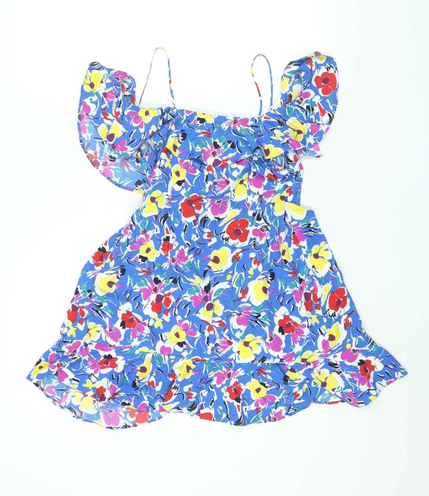 Topshop Womens Blue Floral Polyester Wrap Dress Size 4 V-Neck Button - Frill Cold Shoulder