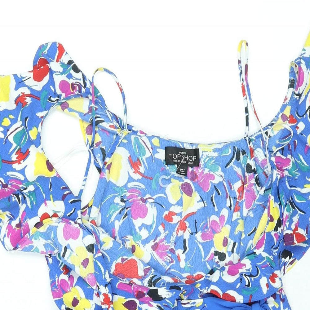 Topshop Womens Blue Floral Polyester Wrap Dress Size 4 V-Neck Button - Frill Cold Shoulder