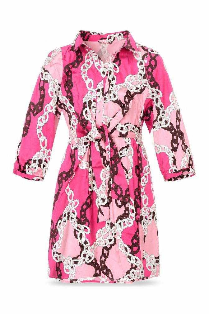 Dunnes Womens Pink Geometric Polyester Shirt Dress Size M Collared Button - Tie Detail Chain Print