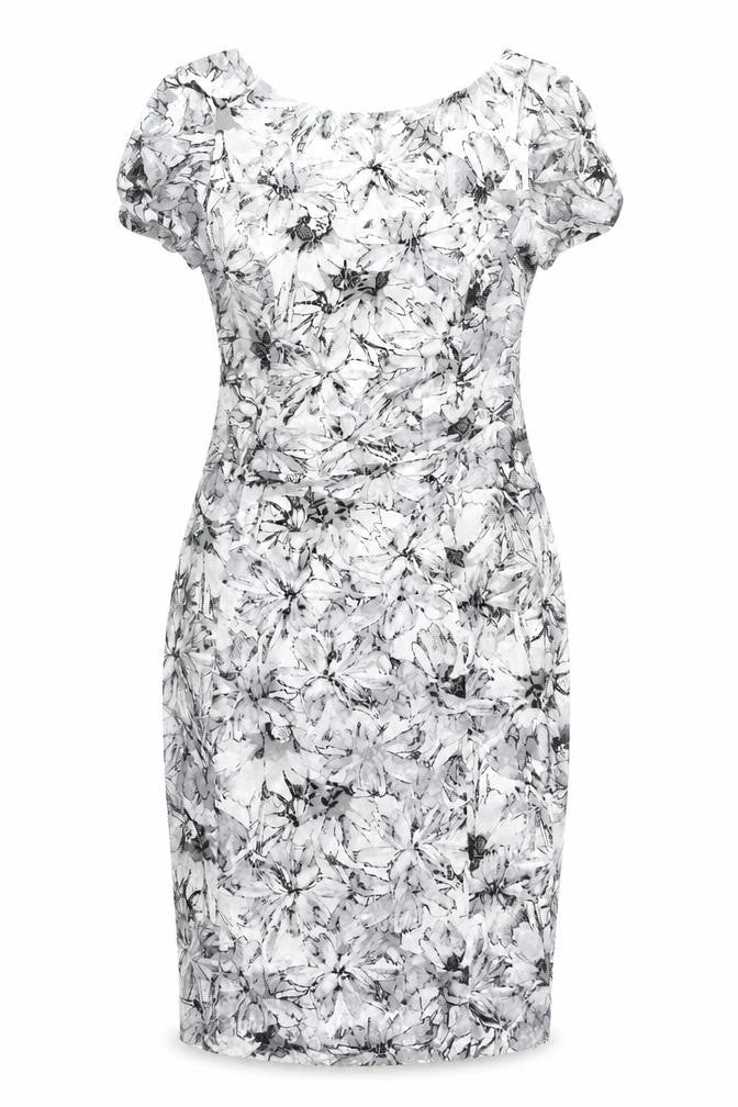 Front view of Roman women’s grey floral polyester bodycon, size UK 12, boat neck pullover - rouched