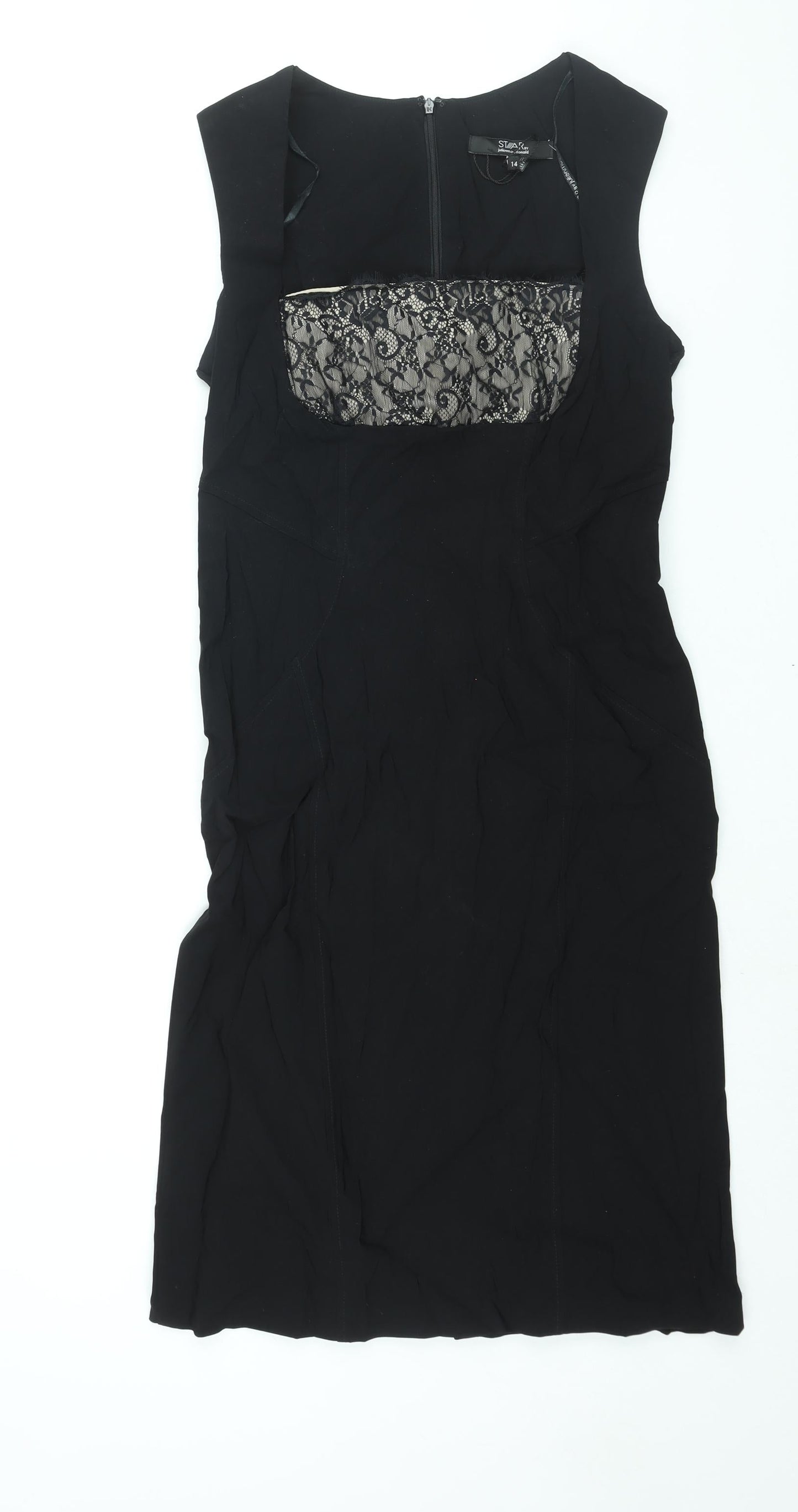Julien Macdonald Womens Black Viscose Shift Size 14 Square Neck Zip - Lace Detail