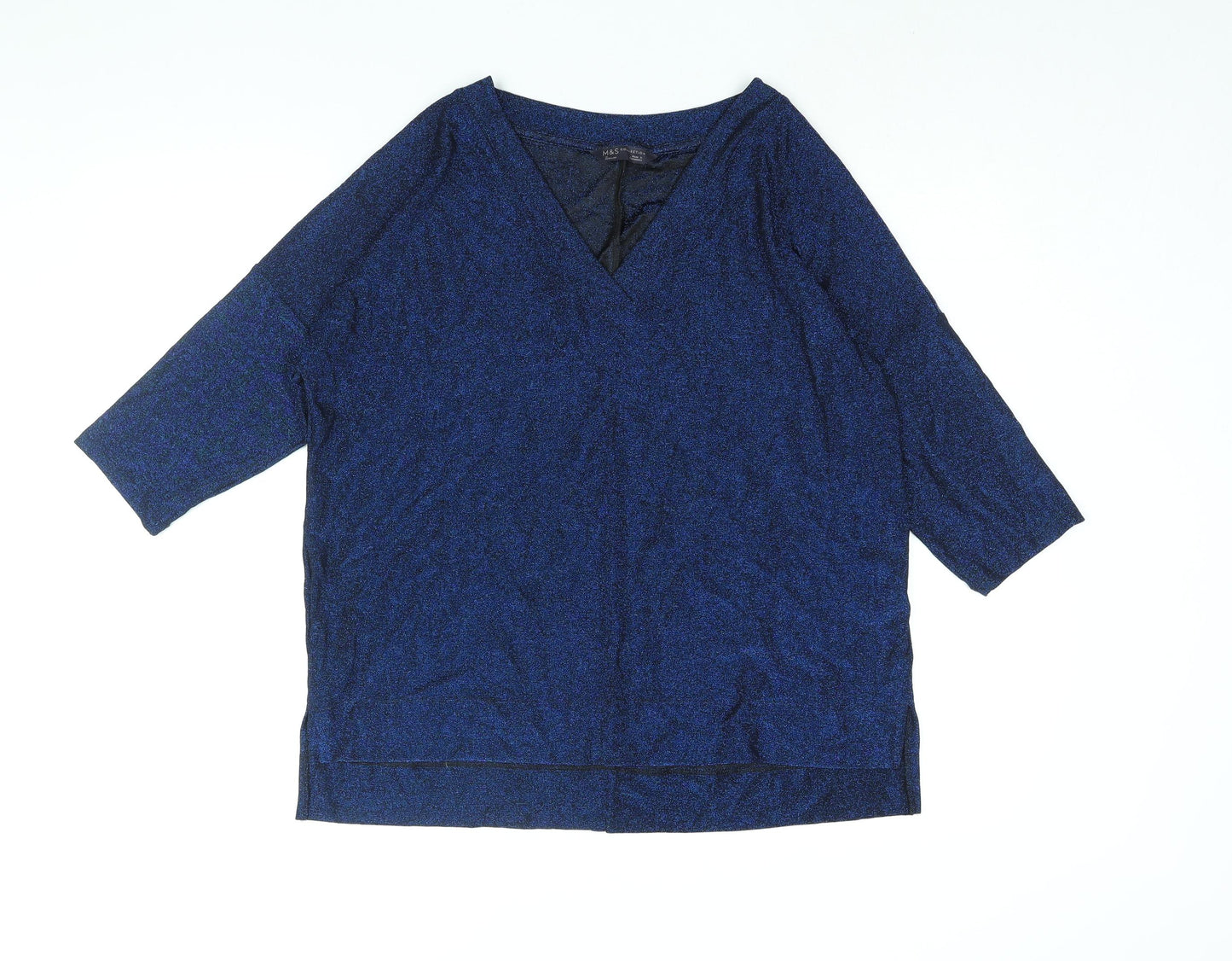 Marks and Spencer Womens Blue Polyester Basic Blouse Size 12 V-Neck - Glitter