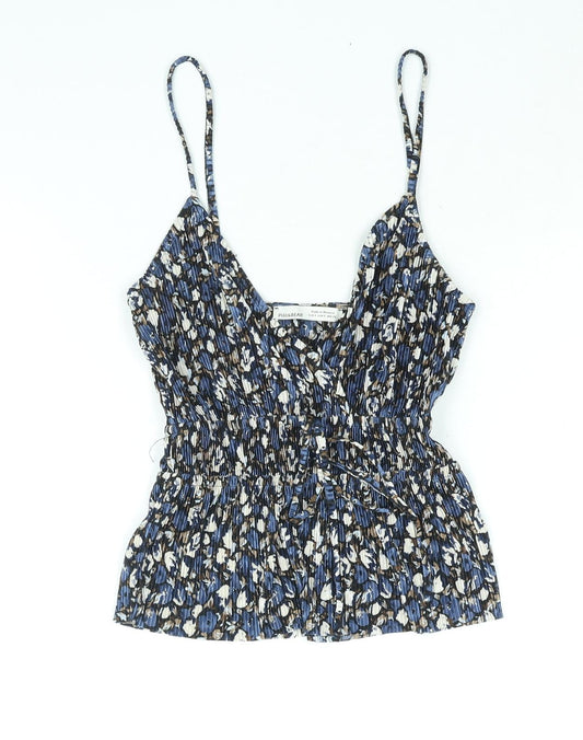 Pull&Bear Womens Blue Geometric Polyester Camisole Blouse Size M V-Neck - Peplum Tie