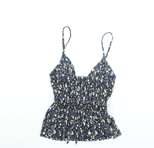 Pull&Bear Womens Blue Geometric Polyester Camisole Blouse Size M V-Neck - Peplum Tie