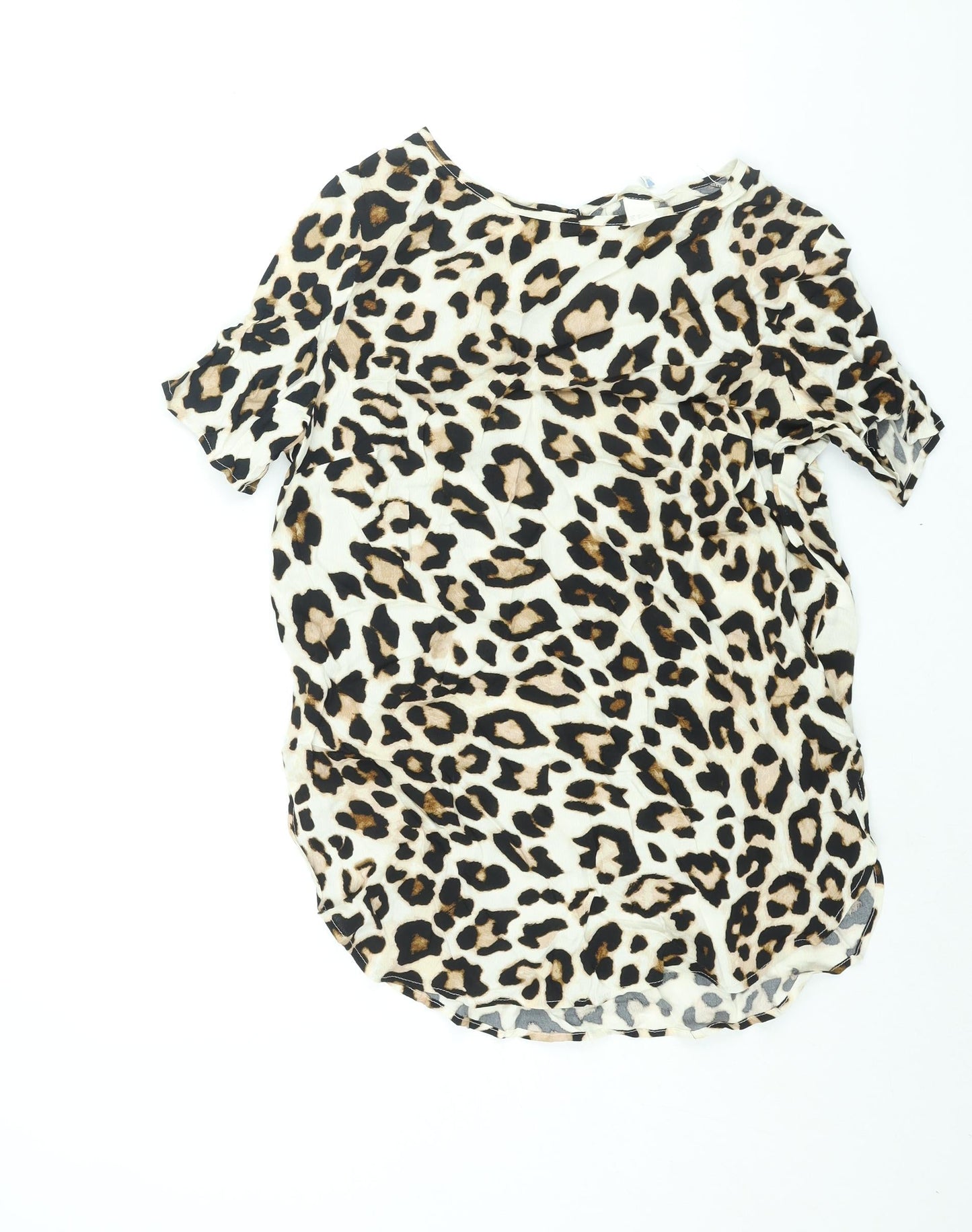 H&M Womens Beige Animal Print Viscose Basic Blouse Size 10 Round Neck - Leopard Print