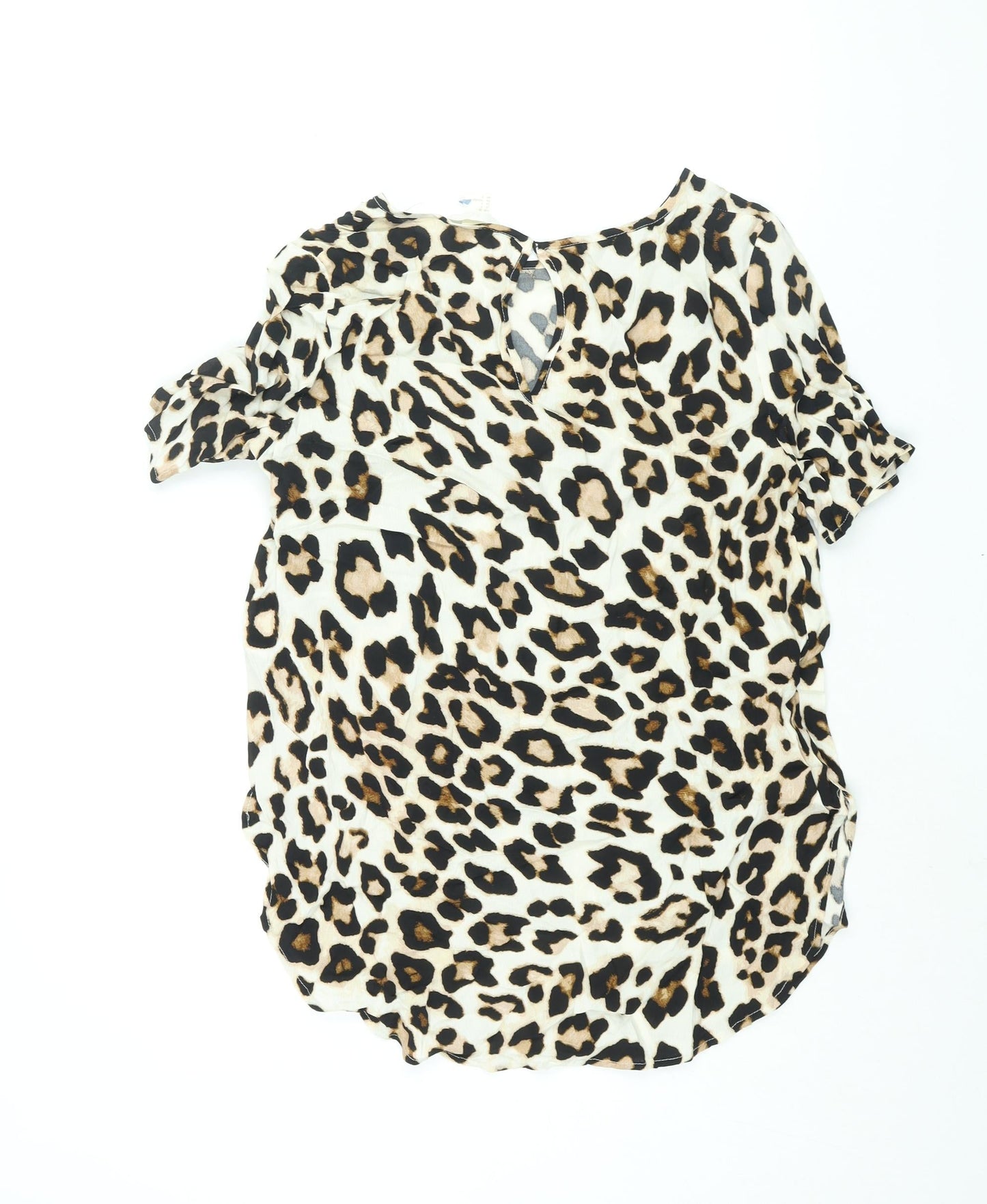 H&M Womens Beige Animal Print Viscose Basic Blouse Size 10 Round Neck - Leopard Print