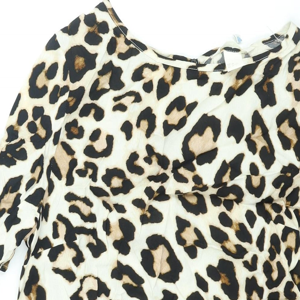 H&M Womens Beige Animal Print Viscose Basic Blouse Size 10 Round Neck - Leopard Print