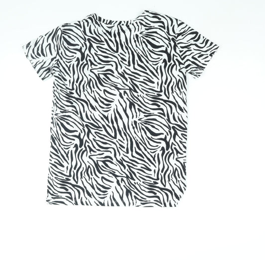 Stradivarius Womens White Animal Print Cotton Basic T-Shirt Size S Round Neck - Tiger Print