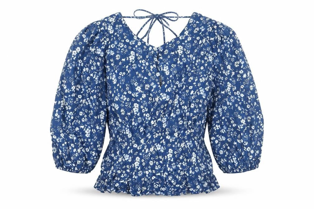 Next Womens Blue Floral Viscose Basic Blouse Size 12 Boat Neck - Peplum Tie