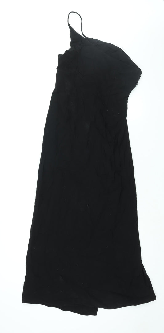 Zara Womens Black Viscose Maxi Size M One Shoulder Zip - Rouched Front Slit