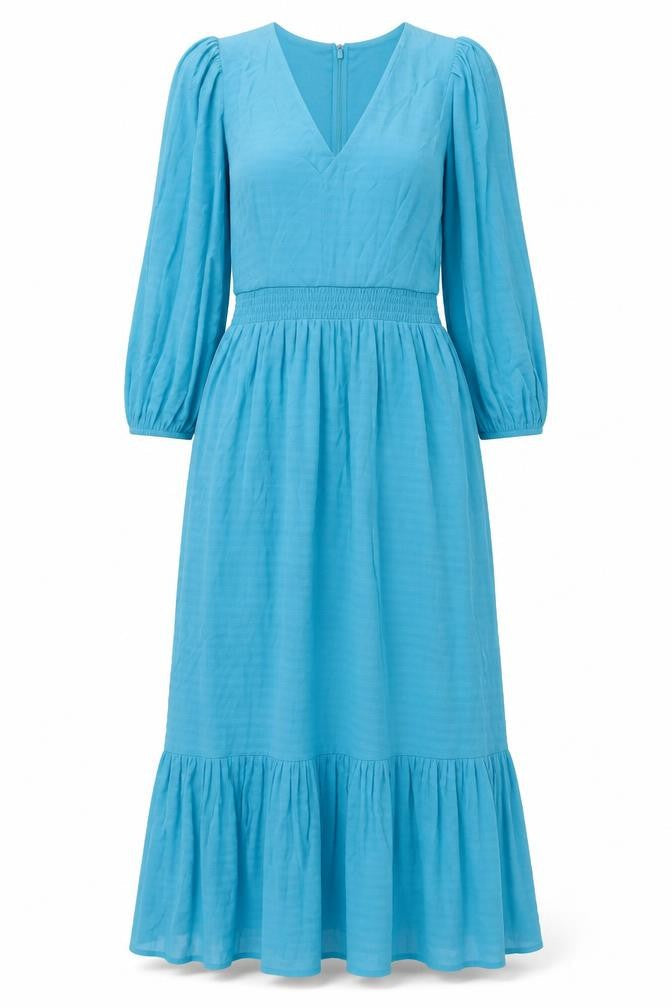 Front view of French Connection women’s blue polyester maxi, size M, v-neck zip