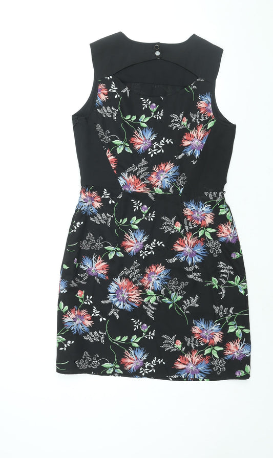 Oasis Womens Black Floral Polyester Shift Size 10 Round Neck Zip